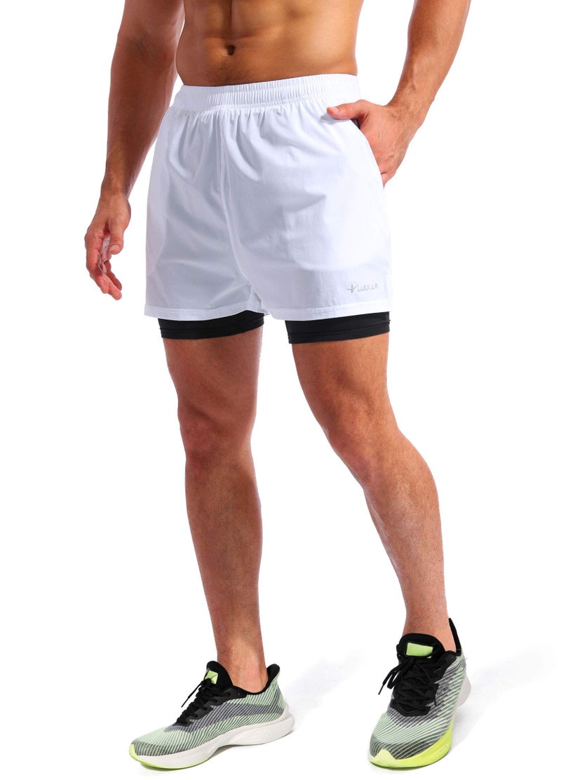 Pudolla Menâ€™s 2 in 1 Running Shorts 5" Quick Dry Gym Athletic Workout Shorts for Men with Phone Pockets(White Medium) - Image 2